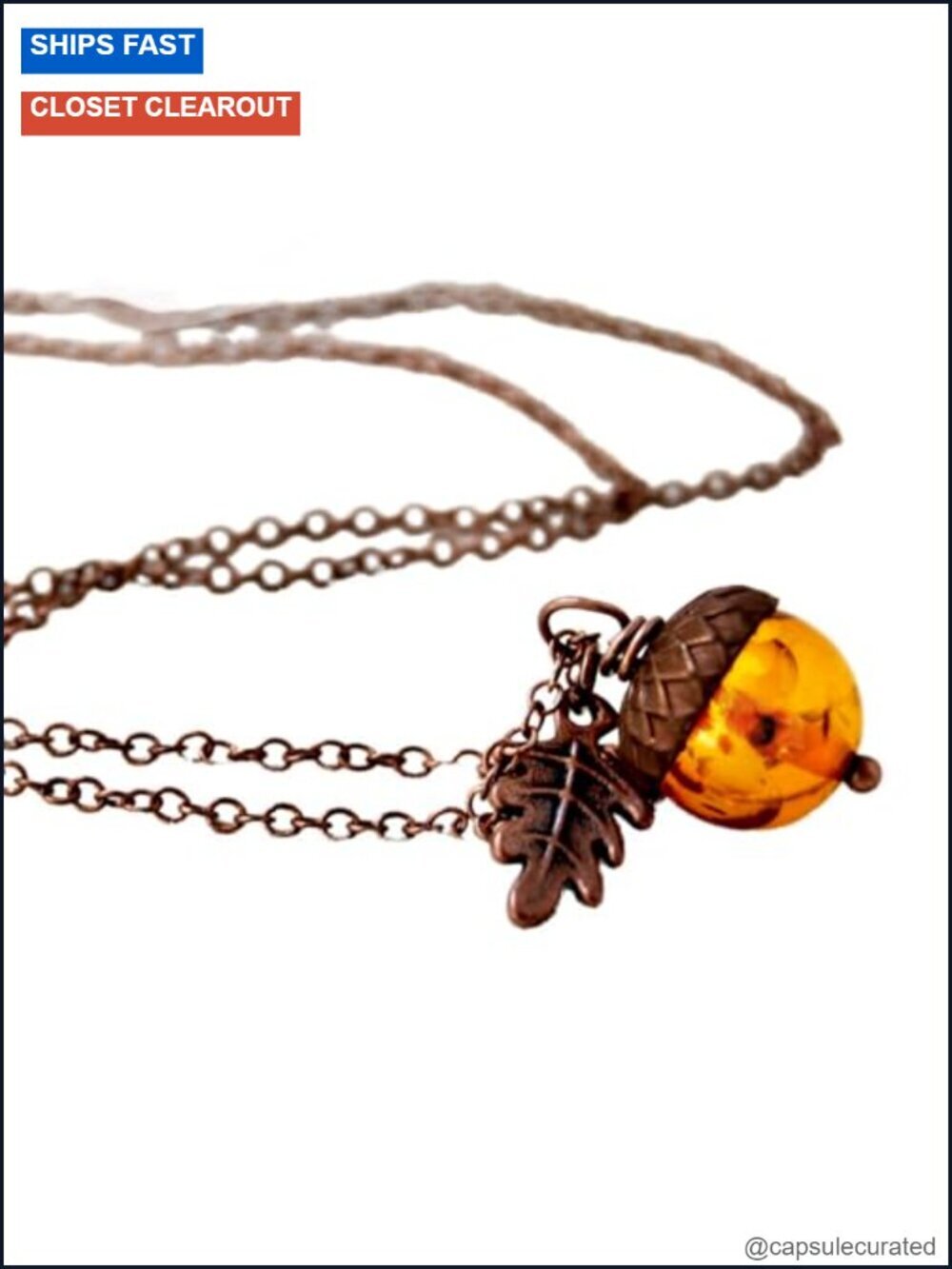 Orange Lucite Acorn Necklace - Pendant Nature Charm on 20" Chain